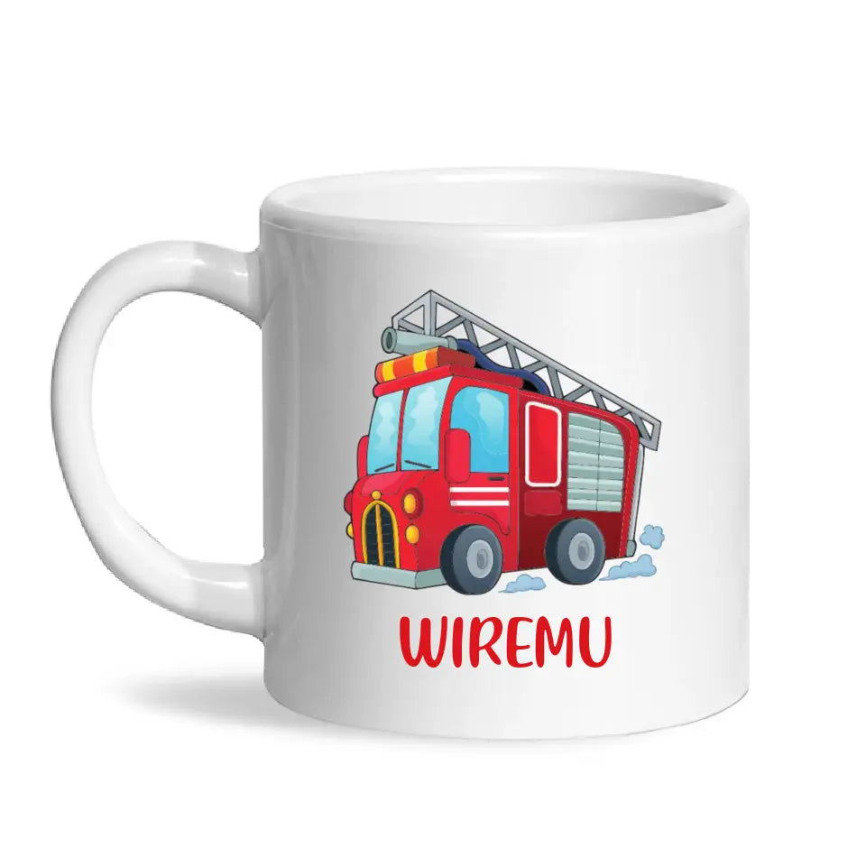 Personalised Fire Truck Mug - Custom Name Kids Cup - Fire Engine Theme - Ceramic or Enamel - 11oz, 6oz, or Camping Mug - NZ Made