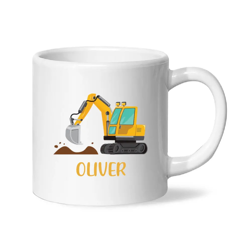 Personalised Digger Mug - Custom Name Kids Cup - Excavator Construction Theme - Ceramic or Enamel - 11oz, 6oz, or Camping Mug - NZ Made