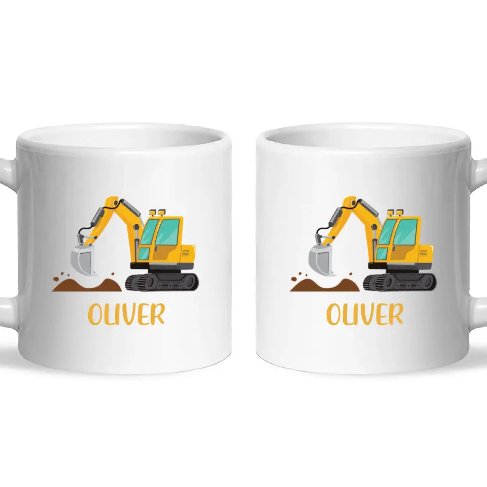 Personalised Digger Mug - Custom Name Kids Cup - Excavator Construction Theme - Ceramic or Enamel - 11oz, 6oz, or Camping Mug - NZ Made
