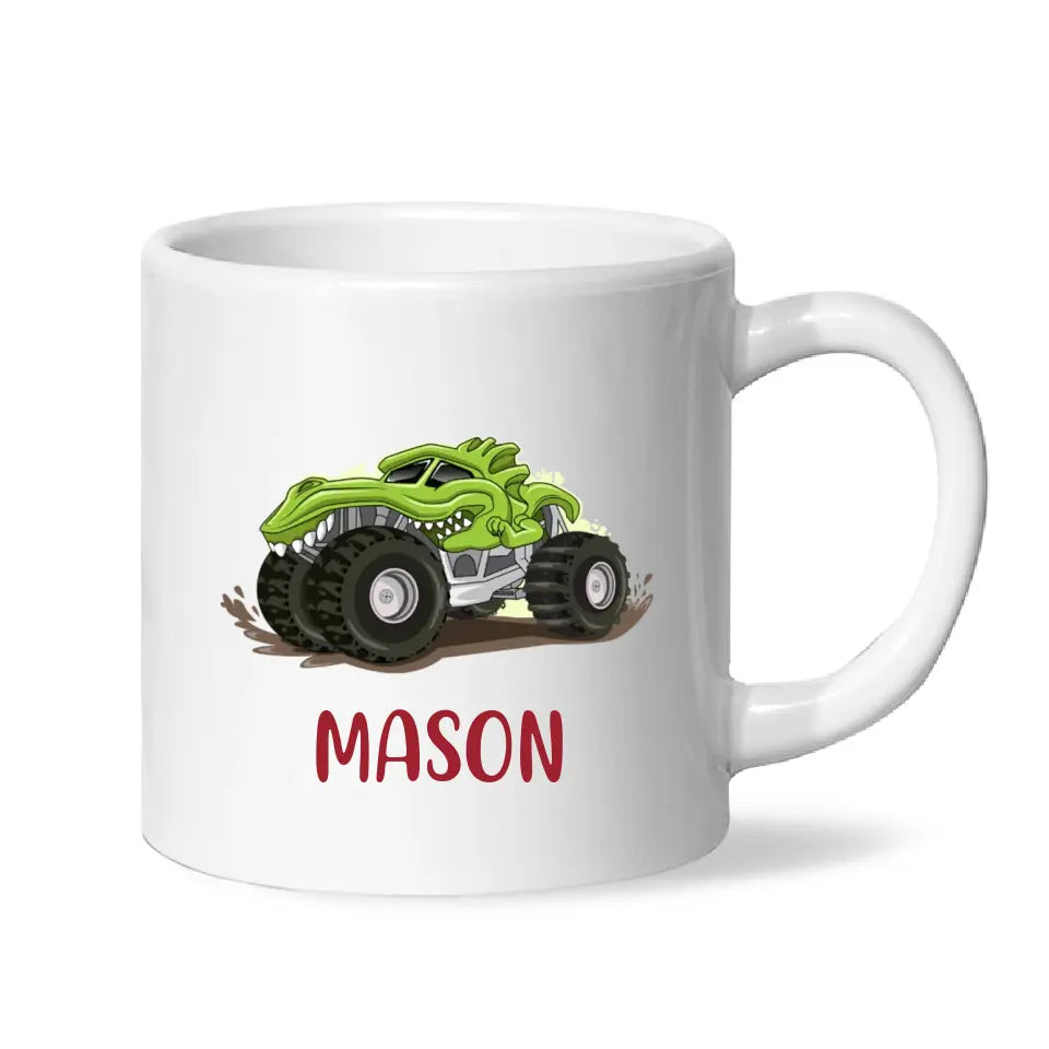 Personalised with Name, Green Dinosaur Monster Truck Kids Mug – Customised Dino-Themed Big Wheels Cup for Children – Available in 11oz, 6oz & Enamel Options