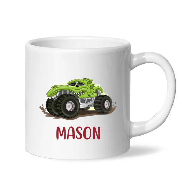 Personalised with Name, Green Dinosaur Monster Truck Kids Mug – Customised Dino-Themed Big Wheels Cup for Children – Available in 11oz, 6oz & Enamel Options