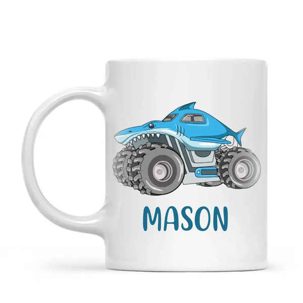 Personalised Shark Monster Truck Mug - Custom Name Kids Cup - 11oz or 6oz - Fun Blue Design - NZ Made
