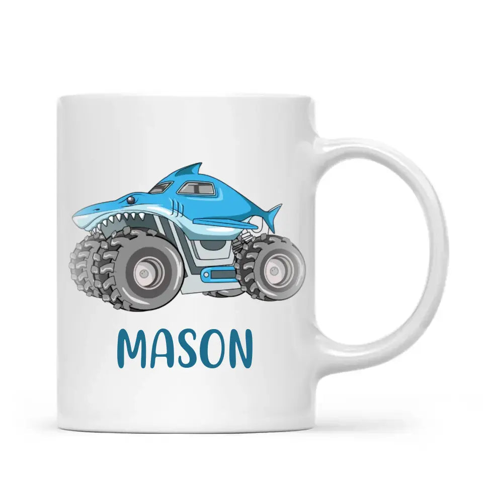 Personalised Shark Monster Truck Mug - Custom Name Kids Cup - 11oz or 6oz - Fun Blue Design - NZ Made