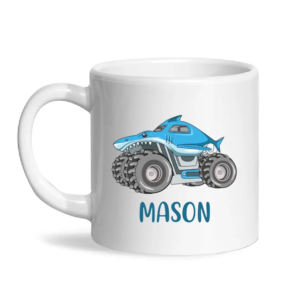 Personalised Shark Monster Truck Mug - Custom Name Kids Cup - 11oz or 6oz - Fun Blue Design - NZ Made