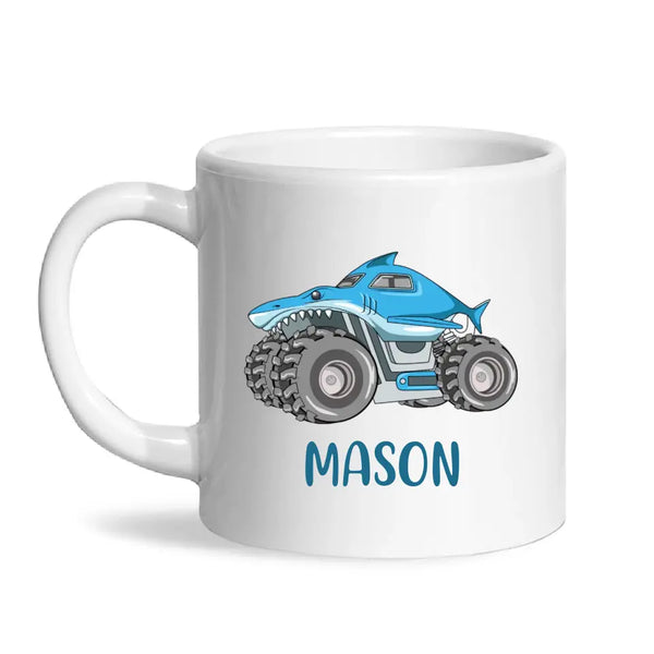 Personalised Shark Monster Truck Mug - Custom Name Kids Cup - 11oz or 6oz - Fun Blue Design - NZ Made