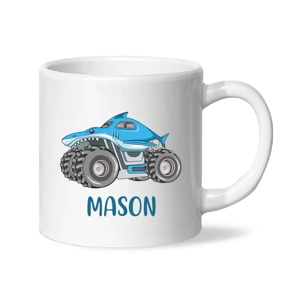 Personalised Shark Monster Truck Mug - Custom Name Kids Cup - 11oz or 6oz - Fun Blue Design - NZ Made