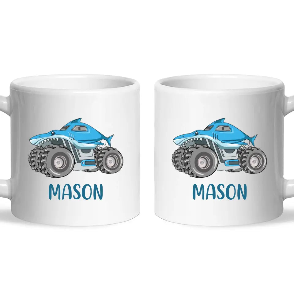 Personalised Shark Monster Truck Mug - Custom Name Kids Cup - 11oz or 6oz - Fun Blue Design - NZ Made