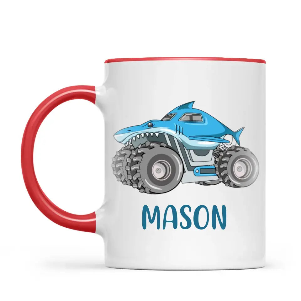 Personalised Shark Monster Truck Mug - Custom Name Kids Cup - 11oz or 6oz - Fun Blue Design - NZ Made