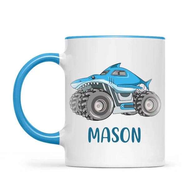 Personalised Shark Monster Truck Mug - Custom Name Kids Cup - 11oz or 6oz - Fun Blue Design - NZ Made