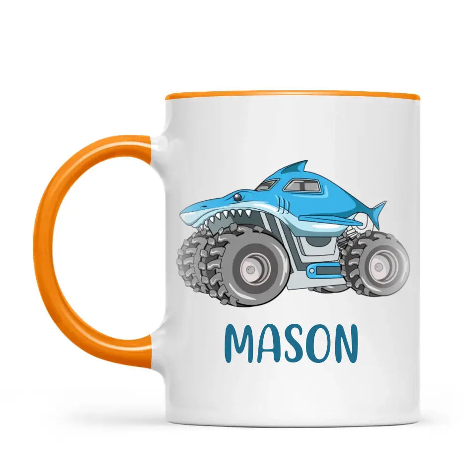 Personalised Shark Monster Truck Mug - Custom Name Kids Cup - 11oz or 6oz - Fun Blue Design - NZ Made