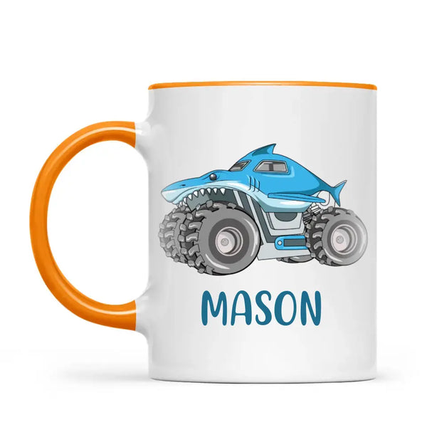 Personalised Shark Monster Truck Mug - Custom Name Kids Cup - 11oz or 6oz - Fun Blue Design - NZ Made