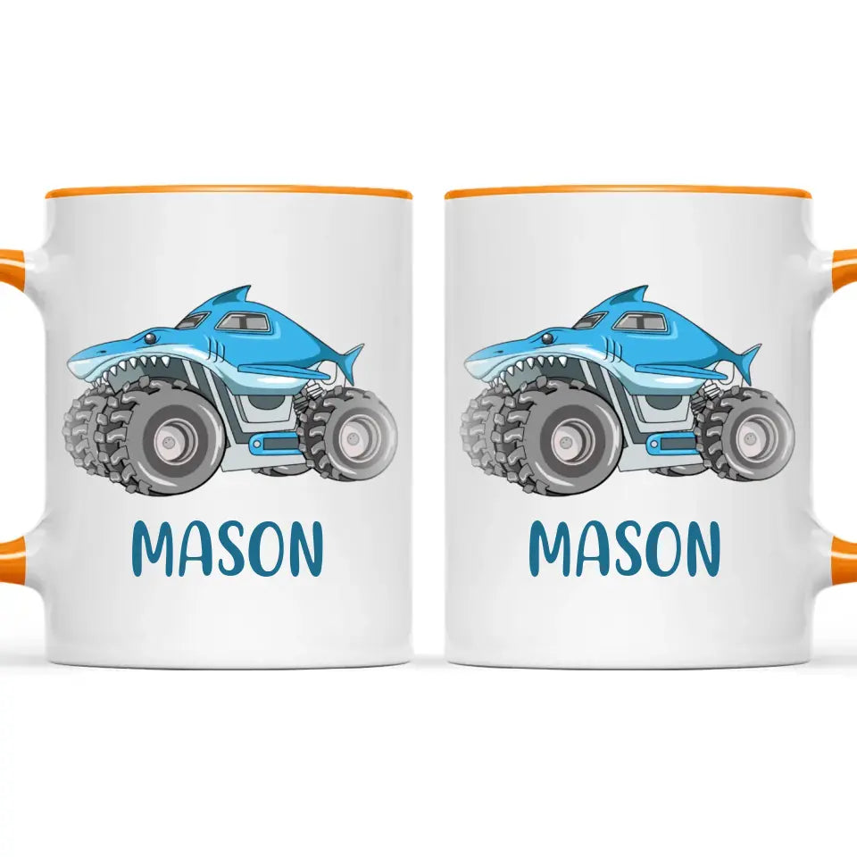 Personalised Shark Monster Truck Mug - Custom Name Kids Cup - 11oz or 6oz - Fun Blue Design - NZ Made