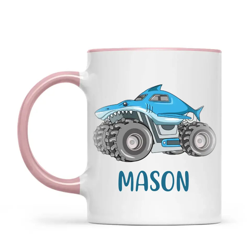 Personalised Shark Monster Truck Mug - Custom Name Kids Cup - 11oz or 6oz - Fun Blue Design - NZ Made