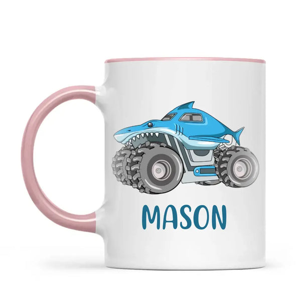 Personalised Shark Monster Truck Mug - Custom Name Kids Cup - 11oz or 6oz - Fun Blue Design - NZ Made