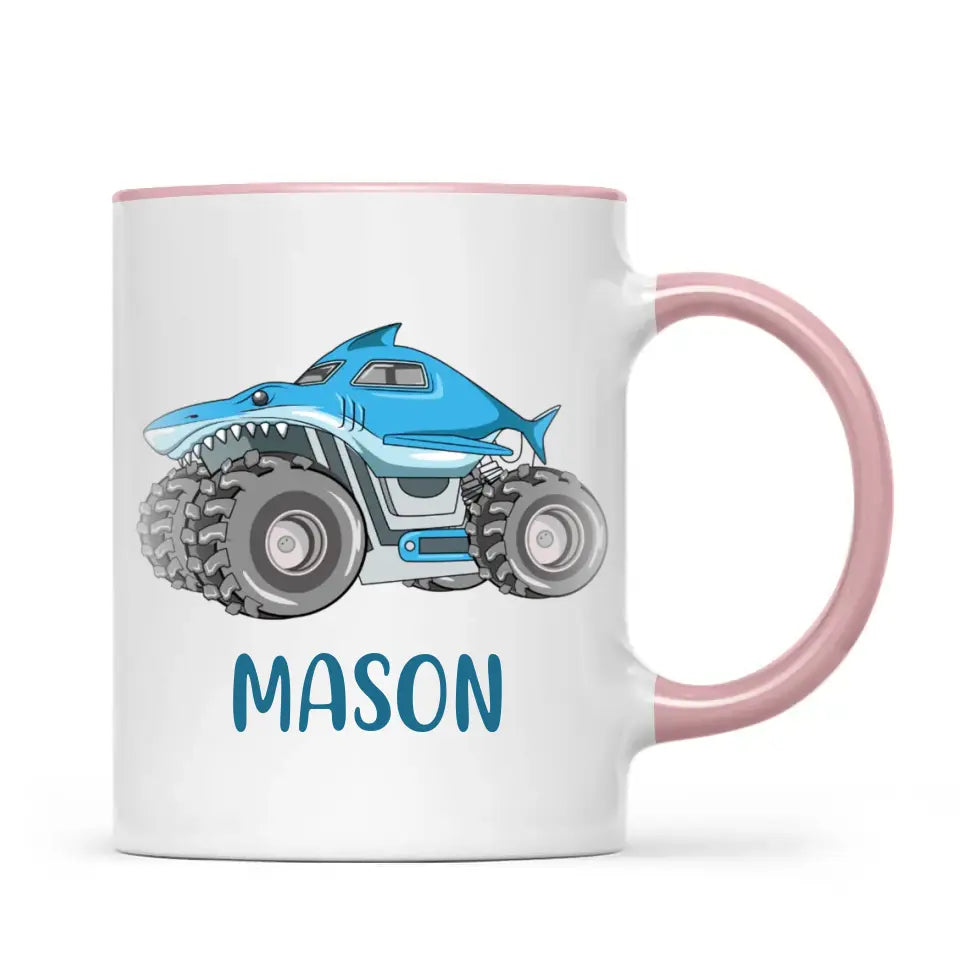 Personalised Shark Monster Truck Mug - Custom Name Kids Cup - 11oz or 6oz - Fun Blue Design - NZ Made