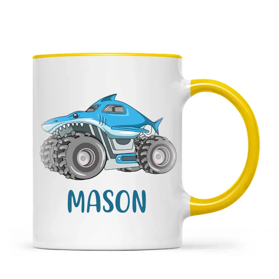 Personalised Shark Monster Truck Mug - Custom Name Kids Cup - 11oz or 6oz - Fun Blue Design - NZ Made