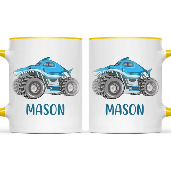 Personalised Shark Monster Truck Mug - Custom Name Kids Cup - 11oz or 6oz - Fun Blue Design - NZ Made