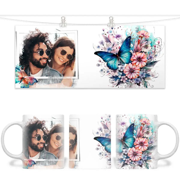Personalised Butterfly & Flowers Photo Mug - Custom Picture Upload - 11oz Ceramic Gift - NZ Made