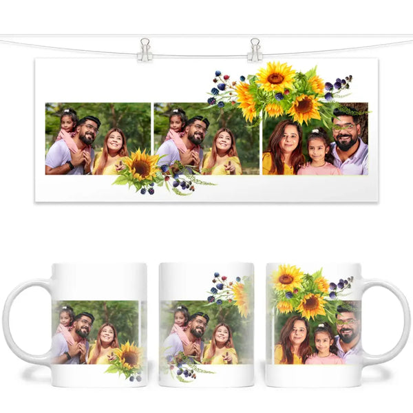 Personalised Floral 3 Photo Collage Mug - Custom Family Keepsake - Sunflower Design - NZ Made