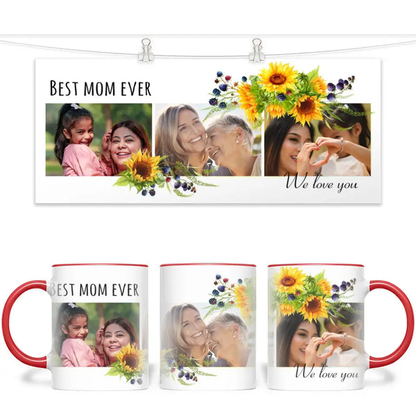 Personalised Best Mom Ever Photo Collage Mug with Sunflowers - Custom Photo Gift for Mum - 11oz - NZ Made