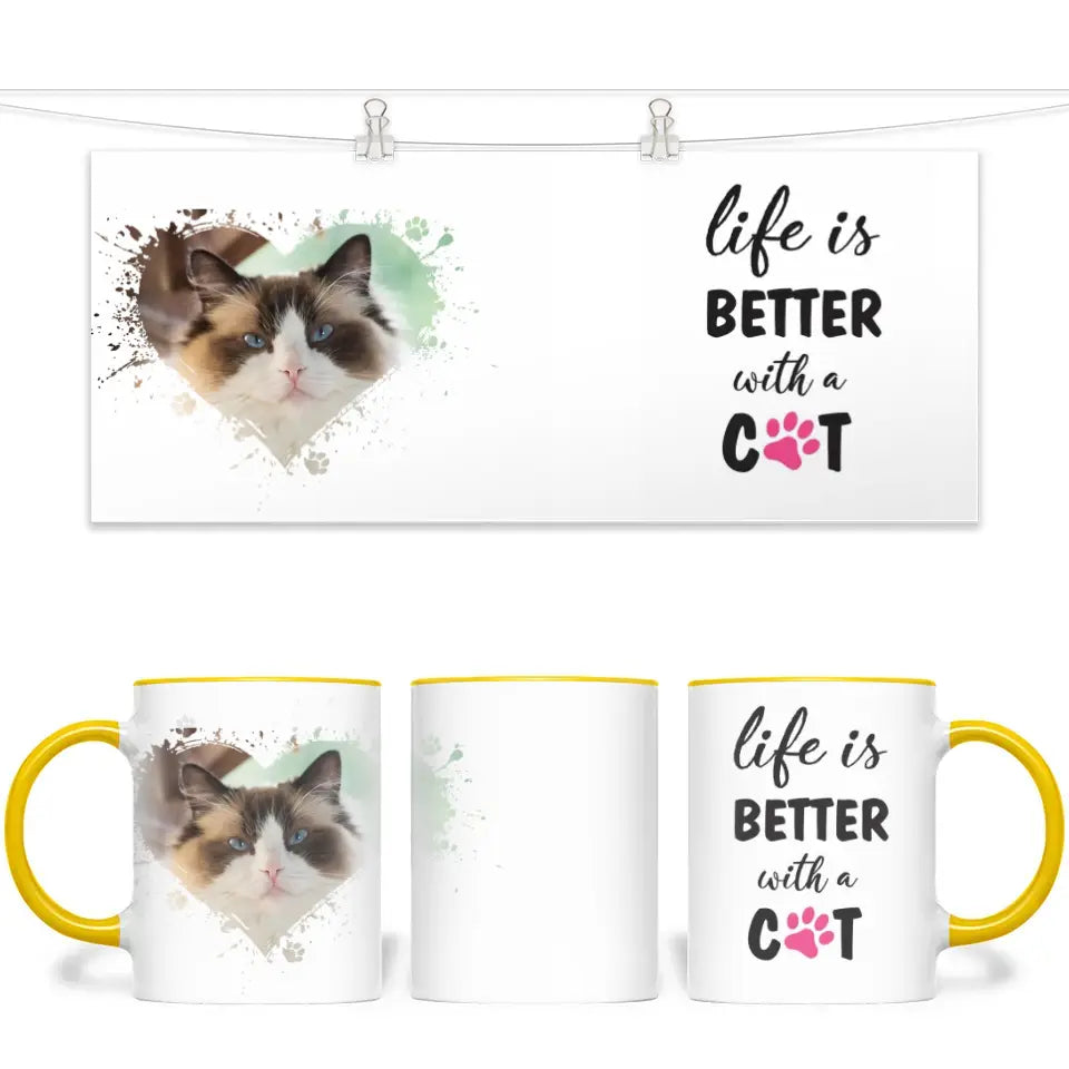 Personalised Cat Lovers Mug - Life is Better with a Cat - Custom Photo Heart Frame - Pet Photo Gift - 11oz Ceramic - NZ Made