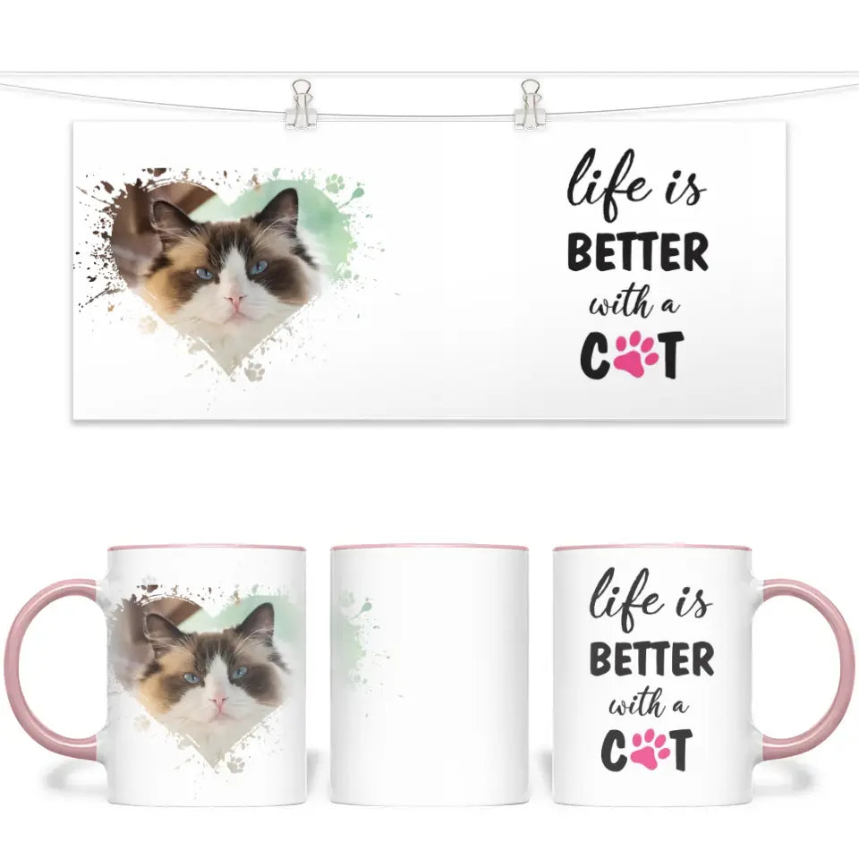 Personalised Cat Lovers Mug - Life is Better with a Cat - Custom Photo Heart Frame - Pet Photo Gift - 11oz Ceramic - NZ Made
