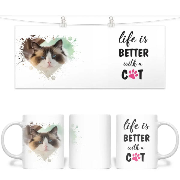 Personalised Cat Lovers Mug - Life is Better with a Cat - Custom Photo Heart Frame - Pet Photo Gift - 11oz Ceramic - NZ Made
