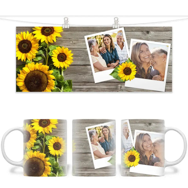 Personalised Sunflower Photo Mug - Custom 2-Photo Upload - 11oz Ceramic Gift for Mum, Nana or Friends - NZ Made