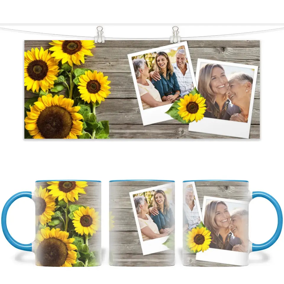 Personalised Sunflower Photo Mug - Custom 2-Photo Upload - 11oz Ceramic Gift for Mum, Nana or Friends - NZ Made
