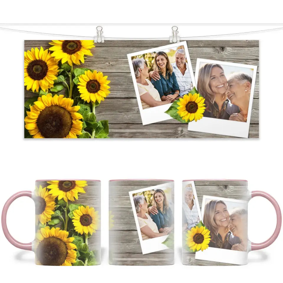 Personalised Sunflower Photo Mug - Custom 2-Photo Upload - 11oz Ceramic Gift for Mum, Nana or Friends - NZ Made