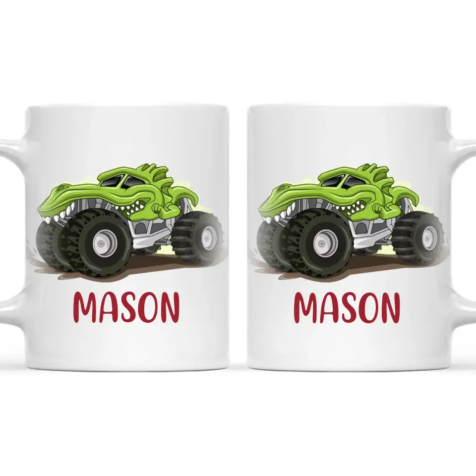 Personalised with Name, Green Dinosaur Monster Truck Kids Mug – Customised Dino-Themed Big Wheels Cup for Children – Available in 11oz, 6oz & Enamel Options