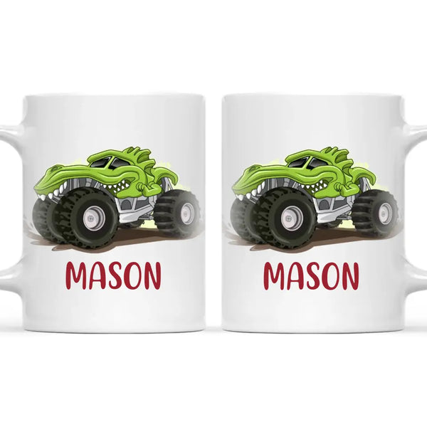 Personalised with Name, Green Dinosaur Monster Truck Kids Mug – Customised Dino-Themed Big Wheels Cup for Children – Available in 11oz, 6oz & Enamel Options