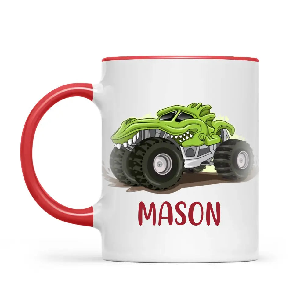 Personalised with Name, Green Dinosaur Monster Truck Kids Mug – Customised Dino-Themed Big Wheels Cup for Children – Available in 11oz, 6oz & Enamel Options