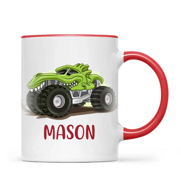 Personalised with Name, Green Dinosaur Monster Truck Kids Mug – Customised Dino-Themed Big Wheels Cup for Children – Available in 11oz, 6oz & Enamel Options