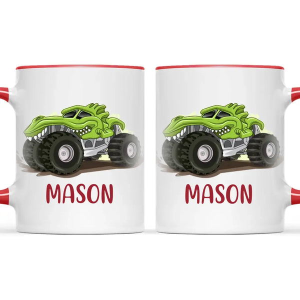 Personalised with Name, Green Dinosaur Monster Truck Kids Mug – Customised Dino-Themed Big Wheels Cup for Children – Available in 11oz, 6oz & Enamel Options