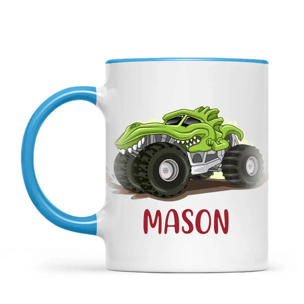 Personalised with Name, Green Dinosaur Monster Truck Kids Mug – Customised Dino-Themed Big Wheels Cup for Children – Available in 11oz, 6oz & Enamel Options