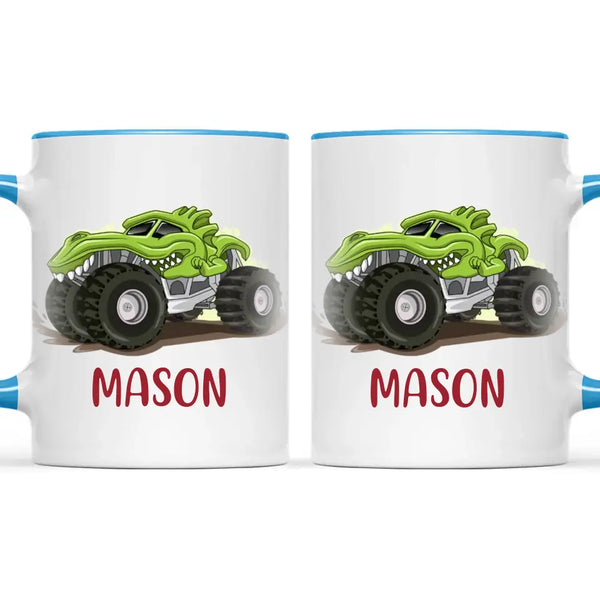 Personalised with Name, Green Dinosaur Monster Truck Kids Mug – Customised Dino-Themed Big Wheels Cup for Children – Available in 11oz, 6oz & Enamel Options