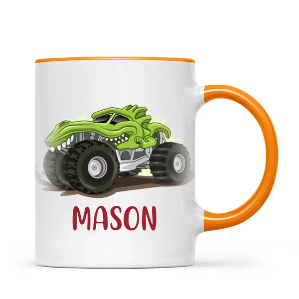 Personalised with Name, Green Dinosaur Monster Truck Kids Mug – Customised Dino-Themed Big Wheels Cup for Children – Available in 11oz, 6oz & Enamel Options