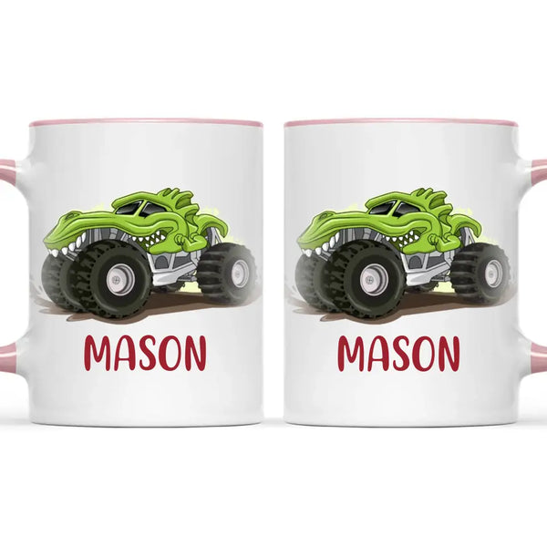 Personalised with Name, Green Dinosaur Monster Truck Kids Mug – Customised Dino-Themed Big Wheels Cup for Children – Available in 11oz, 6oz & Enamel Options