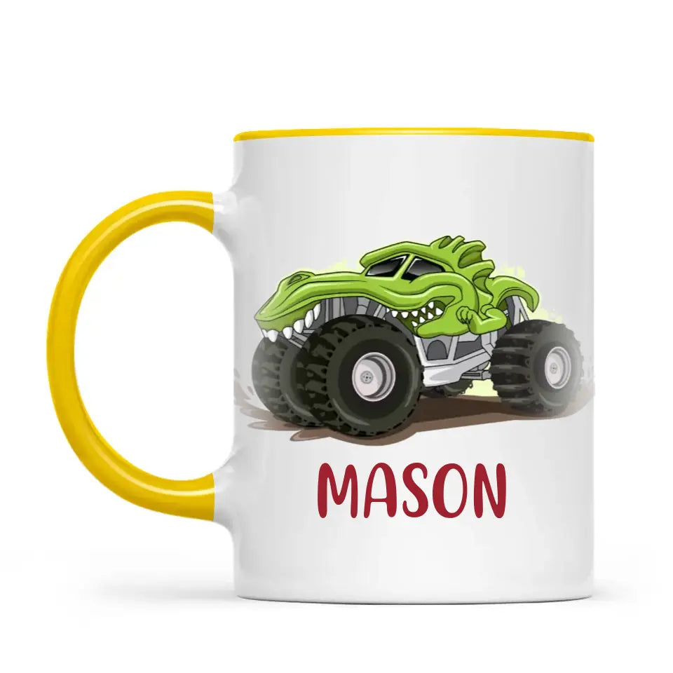Personalised with Name, Green Dinosaur Monster Truck Kids Mug – Customised Dino-Themed Big Wheels Cup for Children – Available in 11oz, 6oz & Enamel Options