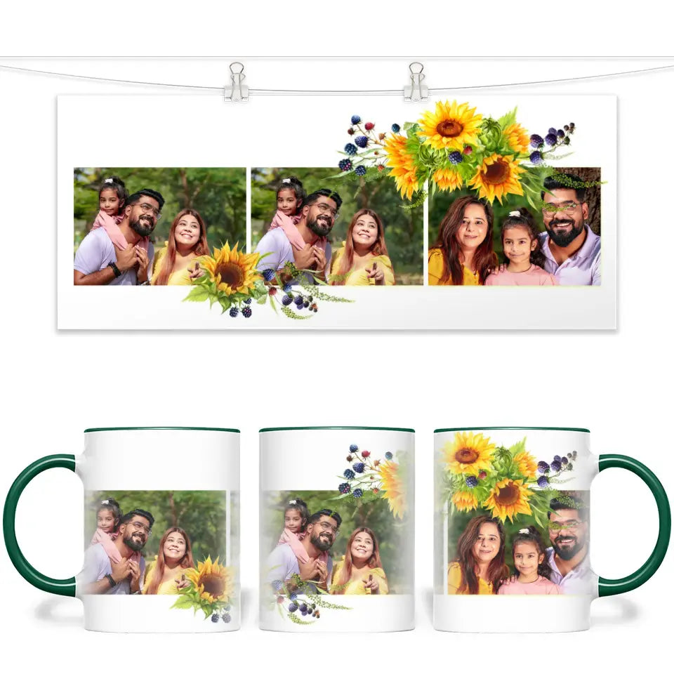 Personalised Floral 3 Photo Collage Mug - Custom Family Keepsake - Sunflower Design - NZ Made