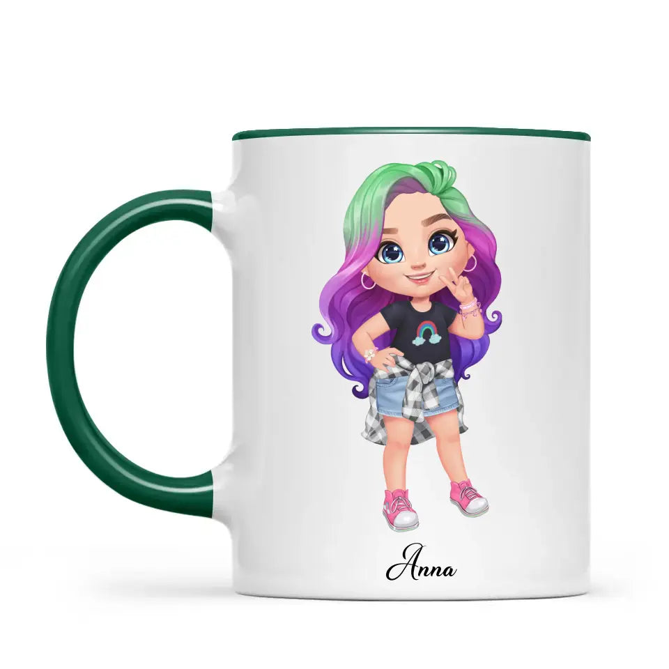 Personalised with Name, Create Your Own Girl Character Kids Mug – Customised Design with Hair, Outfit & Name – Available in 11oz, 6oz & Enamel Options