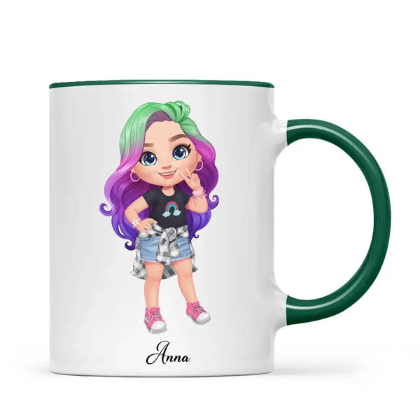 Personalised with Name, Create Your Own Girl Character Kids Mug – Customised Design with Hair, Outfit & Name – Available in 11oz, 6oz & Enamel Options