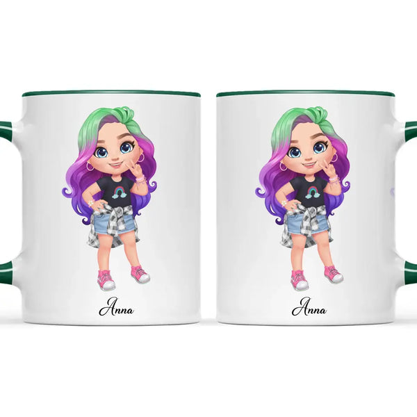 Personalised with Name, Create Your Own Girl Character Kids Mug – Customised Design with Hair, Outfit & Name – Available in 11oz, 6oz & Enamel Options