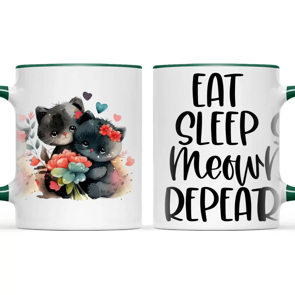 Cute Cat Mug with Funny Quote - Eat Sleep Meow Repeat - Adorable Kitten Illustration Coffee Cup for Cat Lovers, Gifts, and Daily Use
