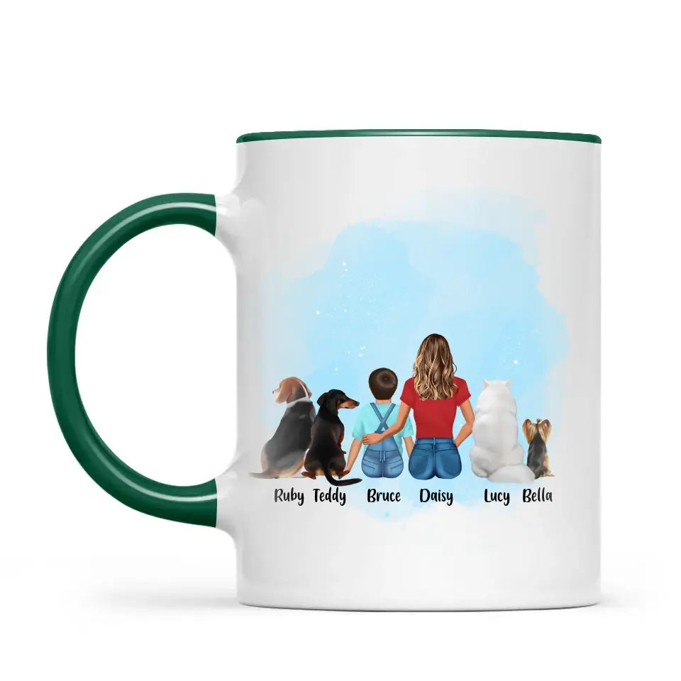 Personalised Mum & Kids Pet Mug - Custom Name & Design - Mother with Children & Pets - Fully Customisable - 11oz Ceramic Mug - NZ Made