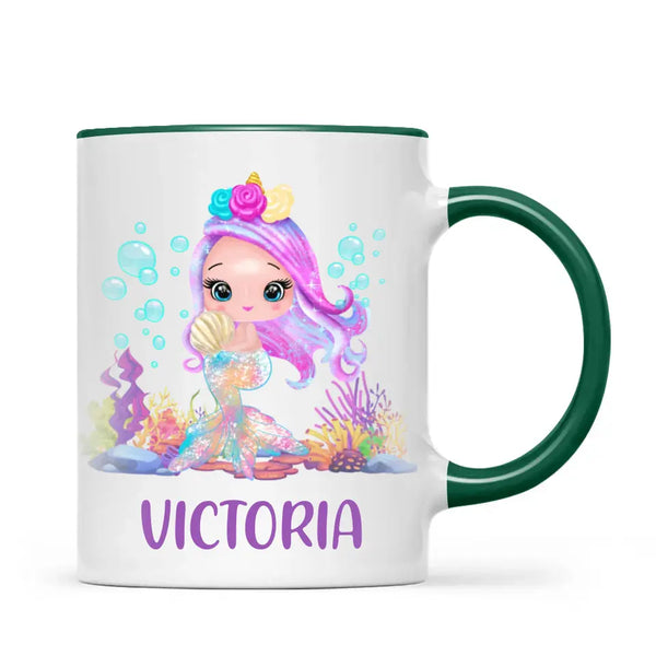 Personalised with Name, Mermaid Kids Mug – Customised Magical Under the Sea Cup for Children – Available in 11oz, 6oz & Enamel Options