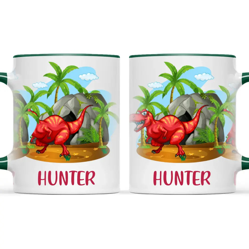 Personalised T-Rex Dinosaur Mug - Custom Name Kids Cup - Prehistoric Jungle Theme - Ceramic or Enamel - 11oz, 6oz, or Camping Mug - NZ Made