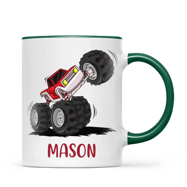 Personalised with Name, Red Monster Truck Kids Mug – Customised Off-Road Big Wheels Cup for Children – Available in 11oz, 6oz & Enamel Options