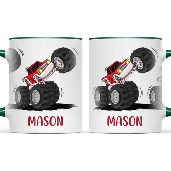 Personalised with Name, Red Monster Truck Kids Mug – Customised Off-Road Big Wheels Cup for Children – Available in 11oz, 6oz & Enamel Options